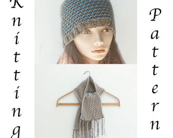 Easy Mosaic Knitting Pattern, Color Work Hat and Scarf Knitting Pattern for Worsted Weight Yarn