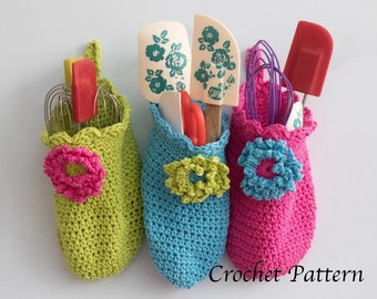 Easy Crochet Pattern for Kitchen Storage Hanging Bags with Flowers, Craft Supply Bags,  Cotton Yarn Pattern