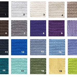 May include: Swatch card with 20 different knit fabric samples in various colors, including black, white, brown, gray, blue, green, purple, and yellow.