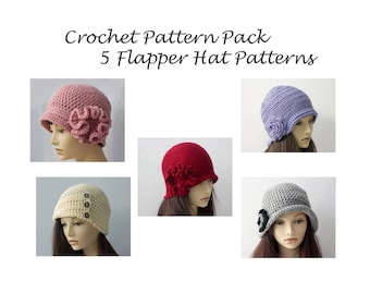 5 Easy Hat Crochet Patterns E-Book, 1920's Style Flapper Cloche Hat Pattern Bundle