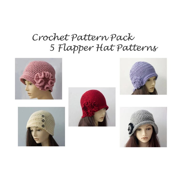 5 Easy Hat Crochet Patterns E-Book, 1920's Style Flapper Cloche Hat Pattern Bundle