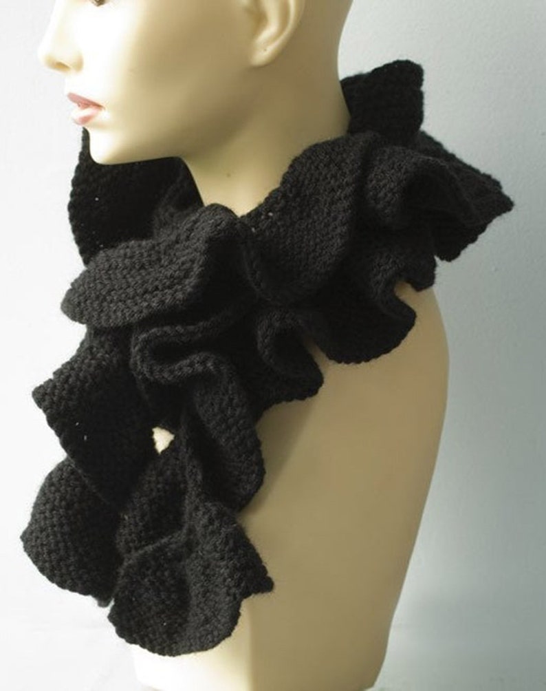 Black Ruffled Scarf, Hand Knit Ruffle Scarf, Vegan, Skinny Scarf image 6