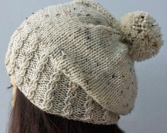 Pom Pom Beanie Knitting Pattern, Mock Cable, Worsted Yarn