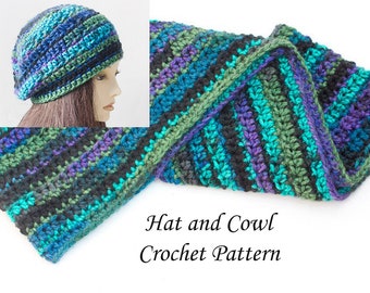 Easy Hat and Scarf Crochet Pattern, Infinity Scarf Crochet Pattern, Slouchy Hat Pattern, Cowl Pattern