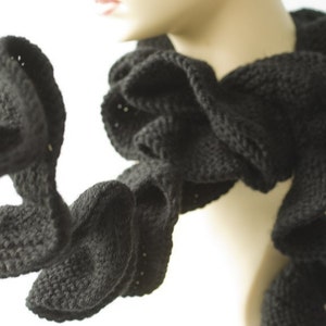 Black Ruffled Scarf, Hand Knit Ruffle Scarf, Vegan, Skinny Scarf image 2