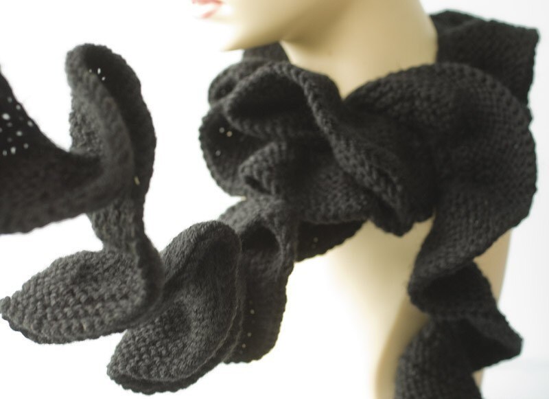 Black Ruffled Scarf Hand Knit Ruffle Scarf Vegan Skinny - Etsy