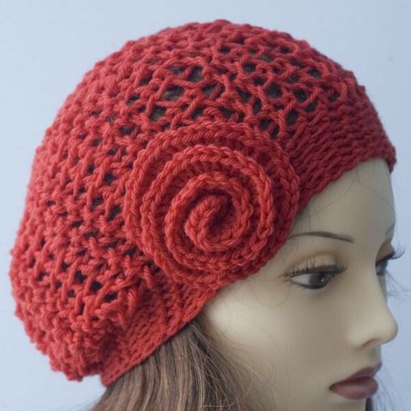 Hand Crocheted Hat ,Red Slouchy Hat with Flower,  Winter Accessories, Holiday Fashion