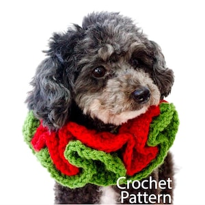 May include: A small, black and gray dog wearing a red and green crocheted dog collar. The collar is made of a thick yarn and has a ruffled design. The dog is looking to the right of the image. The text "Crochet Pattern" is written below the dog.