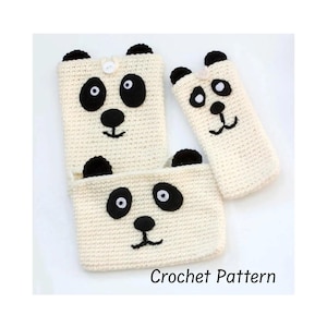 May include: Three cream-colored crochet panda-themed cases. Each case features black eyes, a black nose, and black ears. The text "Crochet Pattern" is at the bottom. One case has a button closure.