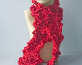 Red Crocheted Scarf with Flower Scarf Pin,  Ruffle Scarf, Women's Scarf