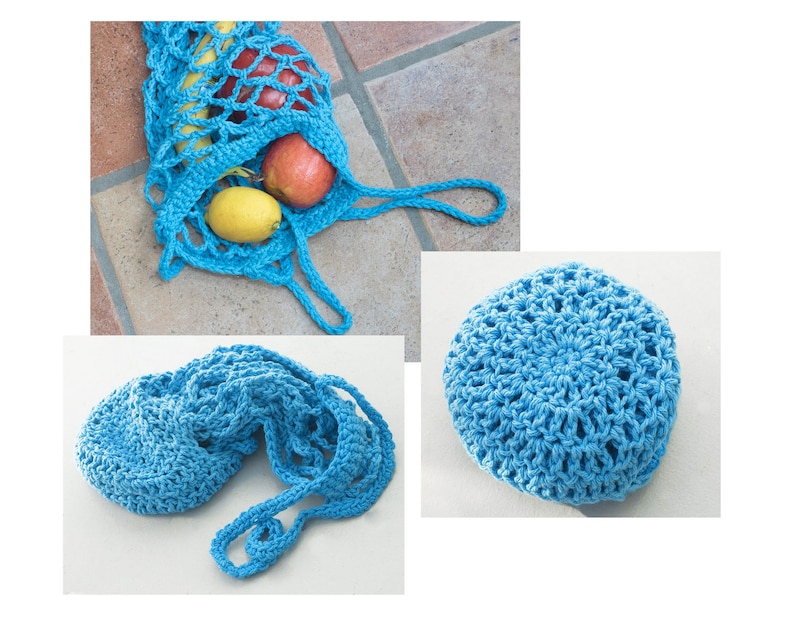 Net Bag Foldaway Blue Cotton Market Bag Ready to Ship Reusable Grocery Tote Summer Tote Beach Bag