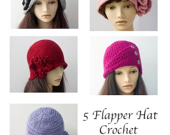 5 Easy Hat Crochet Patterns E-Book, 1920's Style Flapper Cloche Hat Pattern Bundle