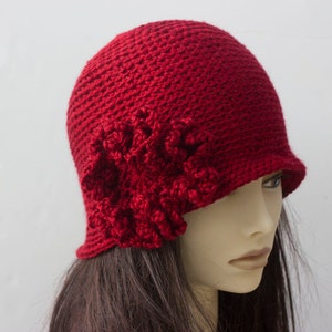 Hand Crocheted Flower Cloche Hat, Woman's Winter Hat Flapper