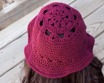 Cotton Hand Crochet Bucket Sun Hat, Brimmed