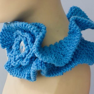 Knit Blue Ruffled Neck Scarf With Flower, Buttoned Cowl - Etsy