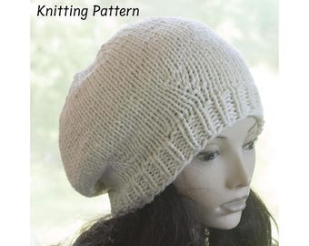 Easy  Slouchy Beanie Knitting Pattern:  Cotton Hat