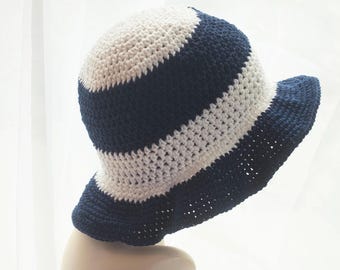 Cotton Wide Brim Striped Sun Hat, Hand Crocheted