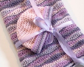 Crocheted Baby Blanket & Hat Set: Pink Purple Waves, Newborn Layette