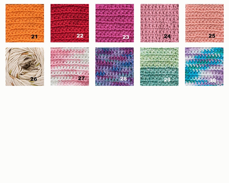 May include: A collection of 10 yarn samples in various colors and textures, including orange, red, pink, green, blue, and white. The yarn is arranged in a grid pattern with numbers 21 through 30 labeling each sample.