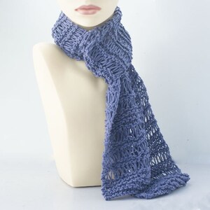 Knit Cotton Skinny Scarf, Light Weight Scarf, Soft Denim Blue image 3