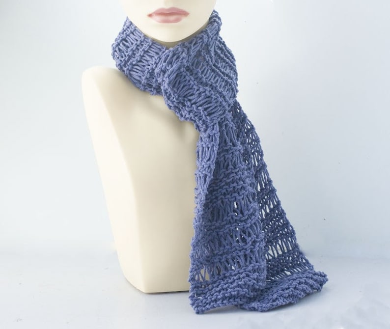 Knit Cotton Skinny Scarf, Light Weight Scarf, Soft Denim Blue image 3