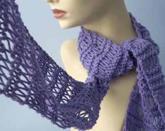 Hand Knit Purple Cotton Scarf,  Light Weight Scarf, Skinny Scarf