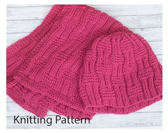 Easy Ribbed Scarf and Beanie Hat Knitting Patterns, Knitting Pattern Bundle