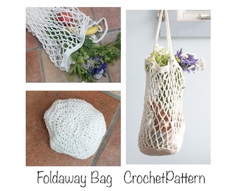 Fold Away Market Bag Crochet Pattern, Cotton Net Tote with Pouch Crochet Pattern, Grocery Bag, Beach Bag