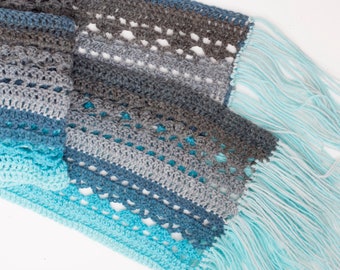 Long  Scarf for Woman, Mother's Day Gift, Gray Turquoise Crochet Lace Scarf with Fringe, Ready to Ship