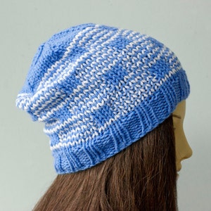 Knit Slouchy Beanie Hat Women, Blue and White Winter Hat