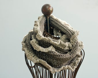 Crochet Brown Cream Cowl, Winter Scarf Women