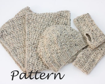 Hat, Cowl, Glove Crochet Pattern Bundle,  Three PDF Patterns,  Hat Pattern. Infinity Scarf Pattern