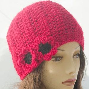 Red Poppy Flower Hat, Crochet Cloche Winter Hat, Women's Hat image 1