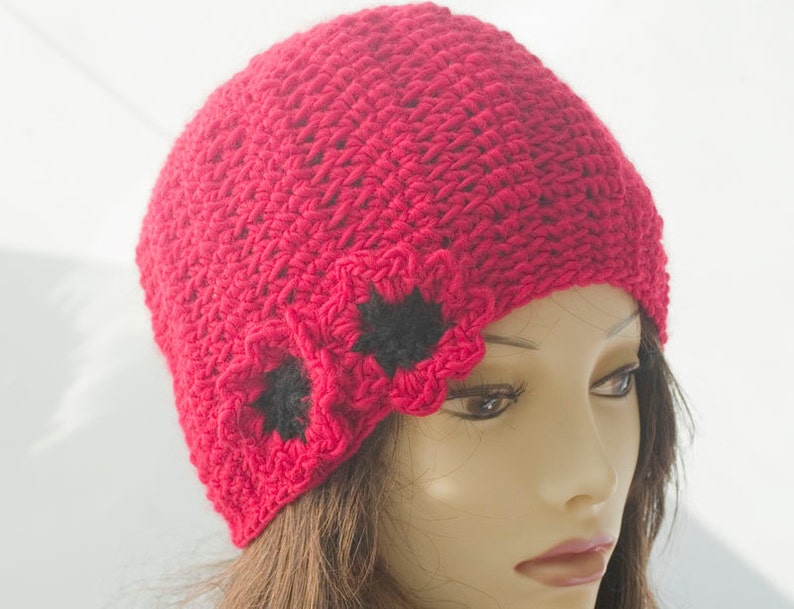 Red Poppy Flower Hat, Crochet Cloche Winter Hat, Women's Hat image 1