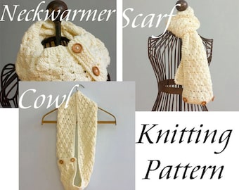 Easy Buttoned Cowl Scarf Knitting Pattern,  Knit Scarf Pattern, Easy Knitting Pattern Worsted Yarn