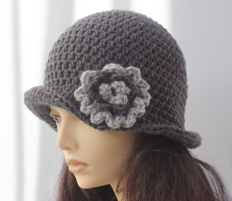 Grey Crochet Flower Cloche Hat - Women Accessories Surell Accessories Mink Cloche Hat with Flower main image 3