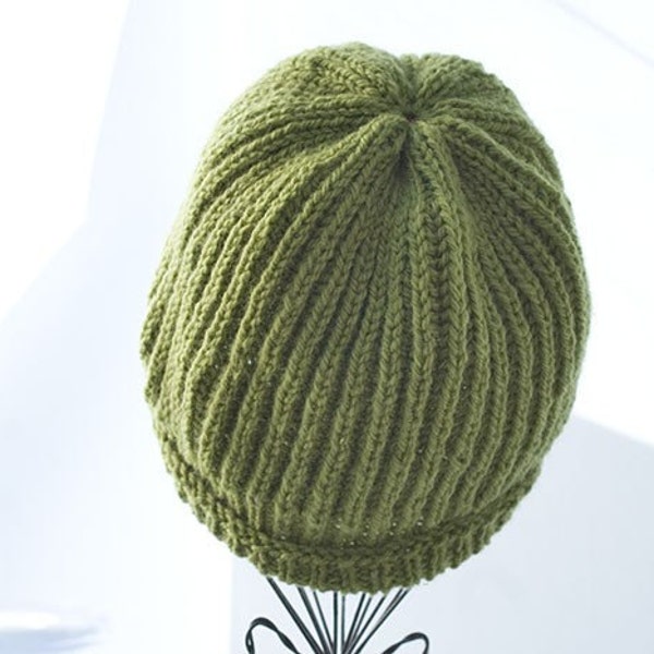 Hand Knit  Hat, Olive  Green Wool knit Beanie, Ribbed Hat