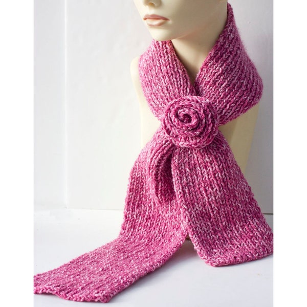 Easy Keyhole Scarf Knitting Pattern, Neck Scarf Knit Pattern,  Crocheted Rose Pattern, Stay in Place Scarf, Self Tying Scarf