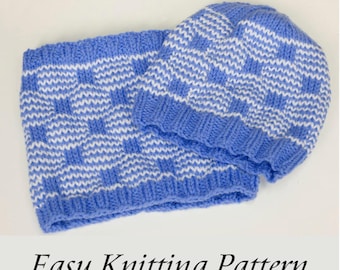 Easy Mosaic Beanie Hat and Cowl Knitting Pattern Bundle (PDF Pattern)