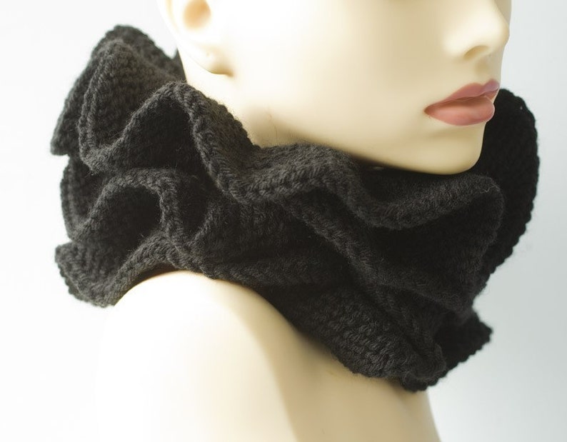 Black Ruffled Scarf, Hand Knit Ruffle Scarf, Vegan, Skinny Scarf image 3