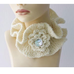 Knitting Pattern for Ruffled Cowl: Neck Warmer with Button Crocheted Flower