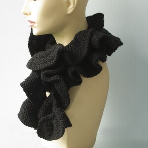 Black Ruffled Scarf, Hand Knit Ruffle Scarf, Vegan, Skinny Scarf image 5