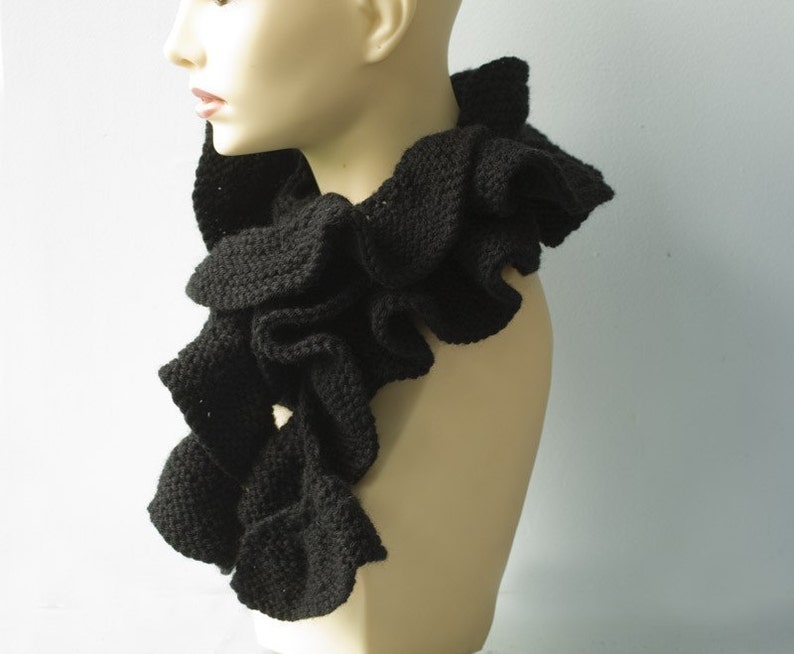 Black Ruffled Scarf, Hand Knit Ruffle Scarf, Vegan, Skinny Scarf image 5