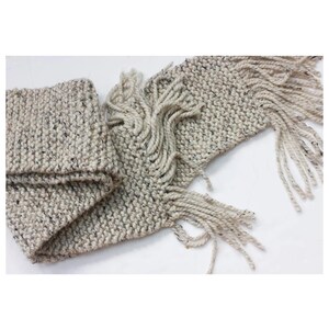 Hand Knit Chunky Scarf: Unisex Oatmeal Beige Tweed with Fringe