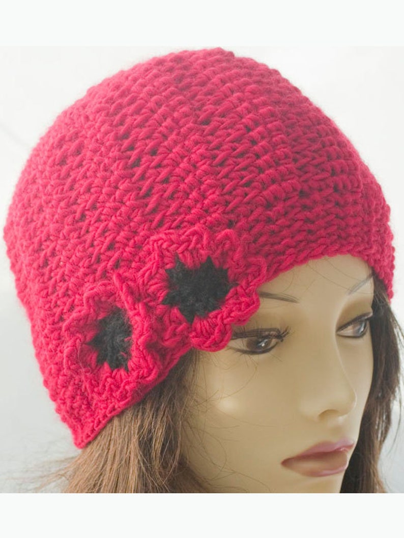 Red Poppy Flower Hat, Crochet Cloche Winter Hat, Women's Hat image 5