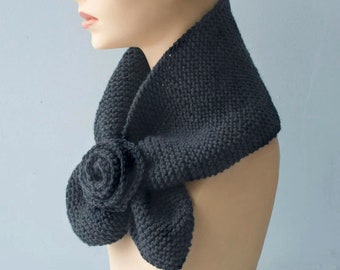 Knitted Neck Scarf,  Flower Key Hole Scarf,  Gray  Scarf,  Self Tying Scarf,  Cowl Scarf