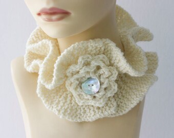 White Knit Ruffle Flower Cowl,  Neck Warmer,  Ruffled Scarf, Ruffle Neckwarmer