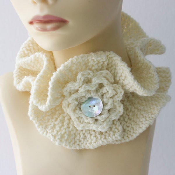 White Knit Ruffle Flower Cowl,  Neck Warmer,  Ruffled Scarf, Ruffle Neckwarmer