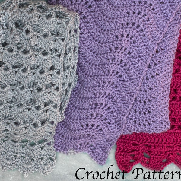 Three Easy Scarf Crochet Patterns for Woman,  Lace Scarf Shawl Crochet Patterns for Caron Simply Soft Yarn