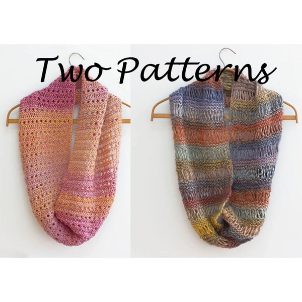Two  Circle Scarf Knitting Patterns, Cowl PDF Patterns, Digital Download,  Knit Infinity Scarf Pattern, Unisex Eternity Scarf
